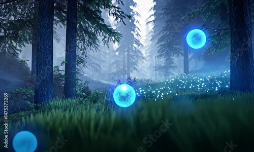 Enchanted forest scene glows with luminescent orbs amidst misty trees and blooming wildflowers
