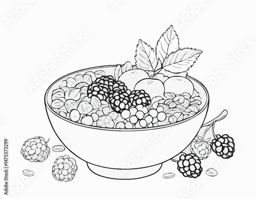 Simple Line Drawing of a Breakfast Bowl with Berries and Granola for Healthy Recipe Cards and Food Blog Illustrations.
