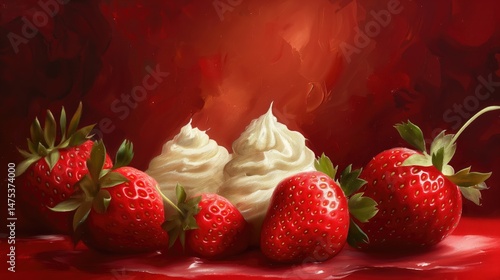 Fresh strawberries and cream on a red background. The illustration is painted with paint.