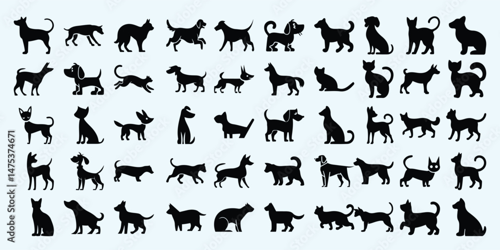Naklejka premium Vector Silhouettes of Dogs and Cats in Different Poses, Pet Animal Icon Set, Collection of Dogs and Cats in Various Poses