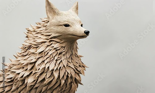 Beige paper fox sculpture with layered texture and pointed ears against a grey background