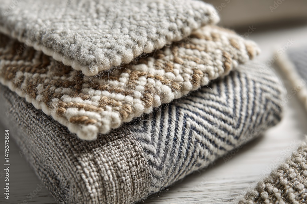 Close-up of meticulously stacked fabric samples, showcasing a variety of textures and patterns, ideal for interior design inspiration and material exploration. Close-up of meticulously stacked fabric samples, showcasing a variety of textures and patterns, ideal for interior design inspiration and material exploration.