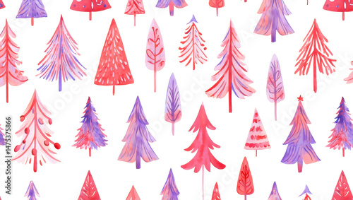 Colorful watercolor christmas trees pattern on white background