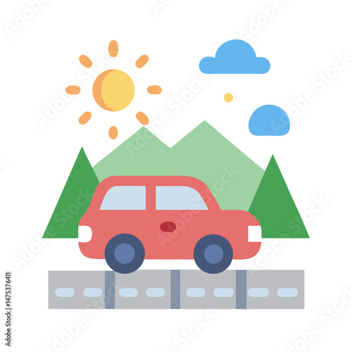 Cartoon car driving through scenic mountains under the sun