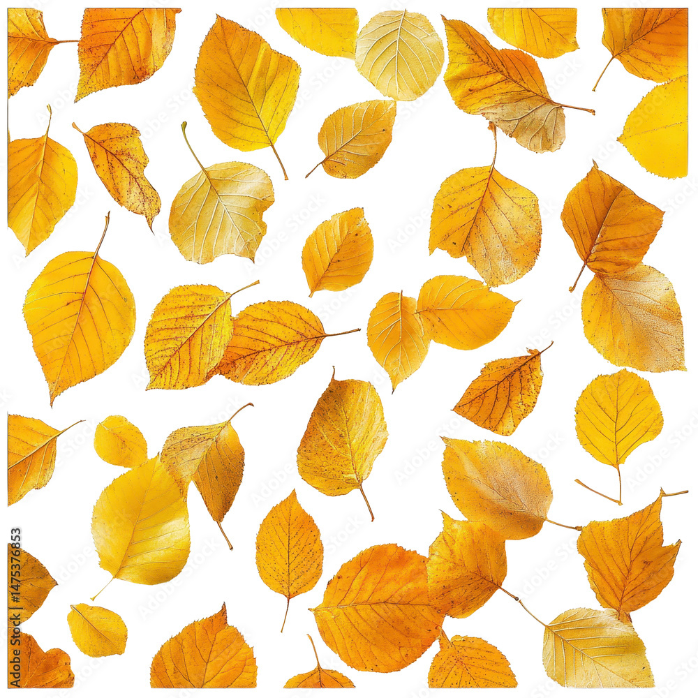 Fototapeta premium Golden autumn leaves scattered on a clean white background creating a vibrant seasonal display, Golden Autumn Leaves, white background