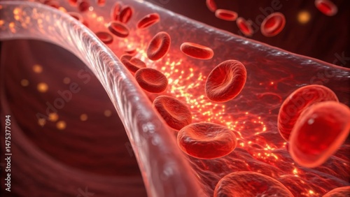 Blood, oxygen and biology concept. Red blood cells flowing through a blood vessel in a digital illustration.