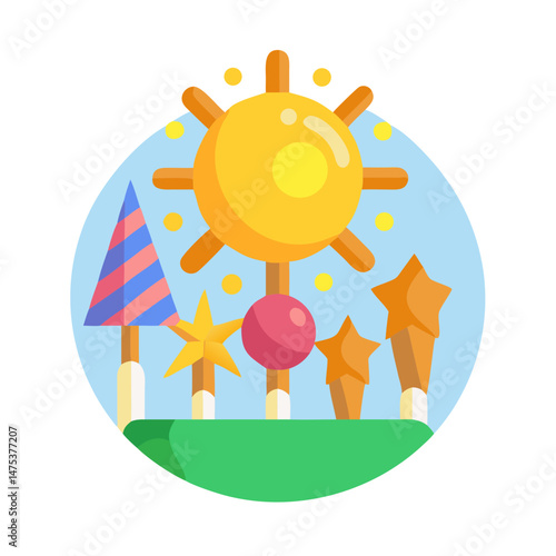 Festive cartoon composition featuring party elements in a circle