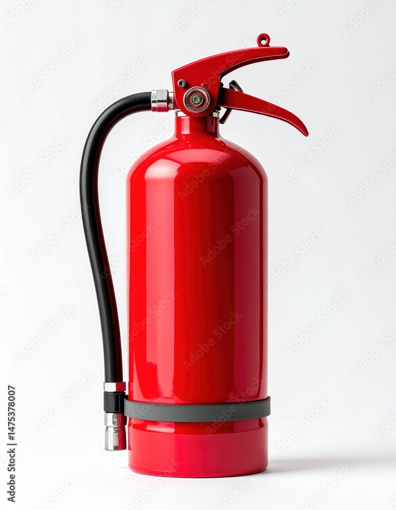 Fototapeta premium Red fire extinguisher with black hose and red handle on white background
