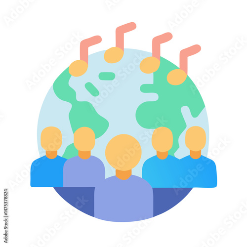 Global music community uniting with music notes above the world