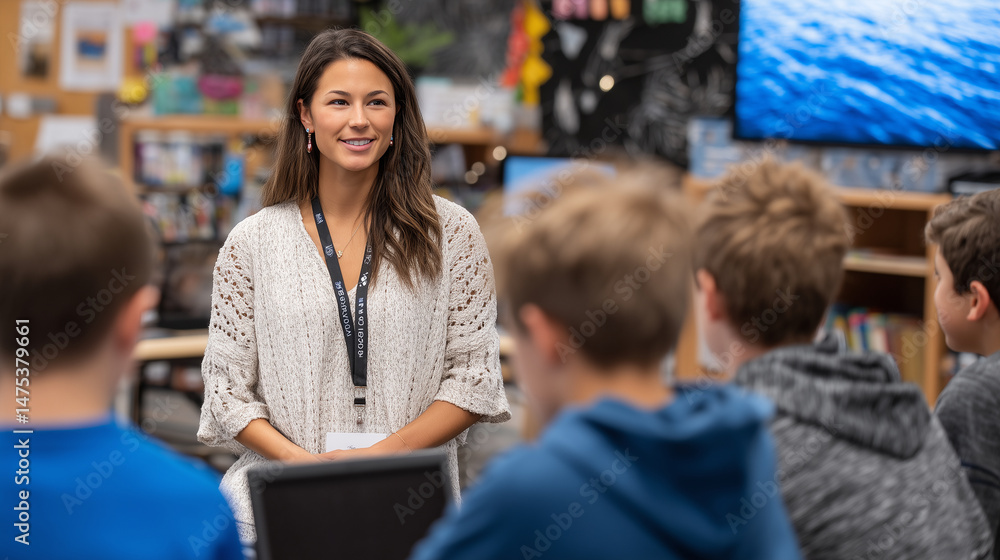 custom made wallpaper toronto digitalTeacher in stylish attire explains digital content to eager students seated in semi-circle, lively classroom decor adds playful atmosphere