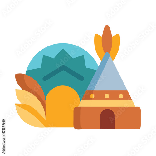 Flat design teepee icon with mountain and nature elements