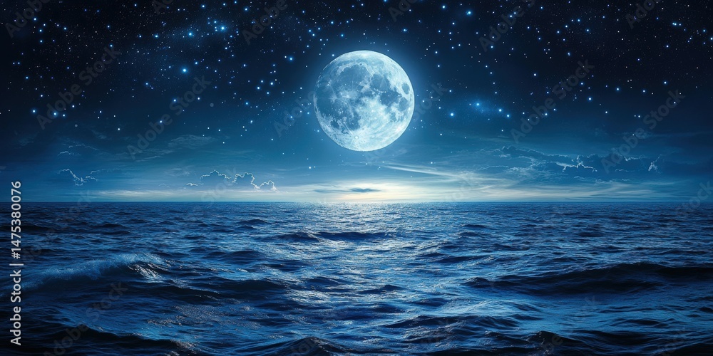 Fototapeta premium Moonlit ocean waves at night serene seascape digital tranquil environment aerial view