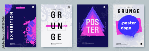 Vibrant grunge a4 posters set for exhibition or event featuring bold typography and modern design elements in blue and pink hues. Ideal for creative projects. Vector illustration.