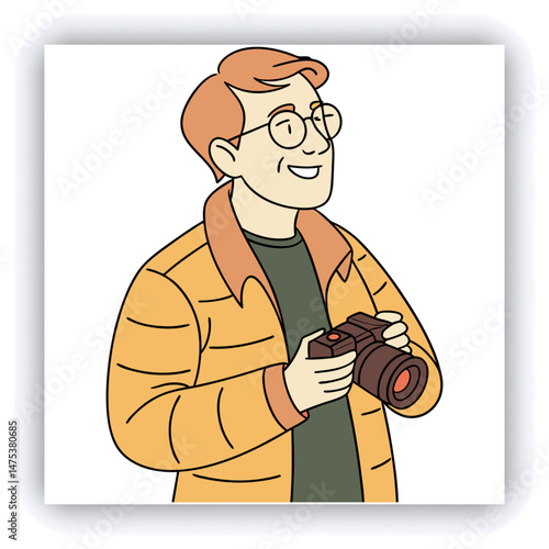 Image of a young woman pointing a vintage camera at the viewer taking a photograph