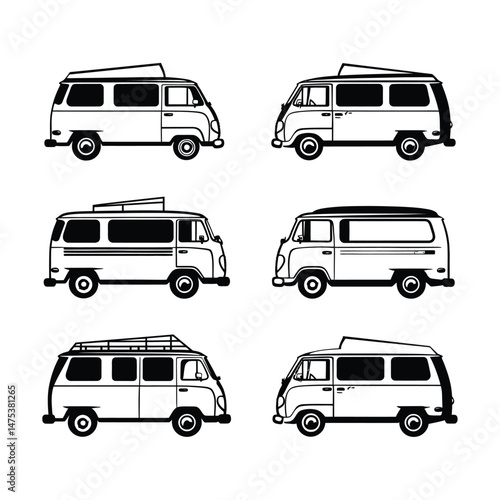 Campervan Silhouette Set Clipart on a White Background