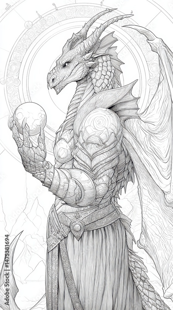 Fototapeta premium Majestic dragon holding orb, detailed line art illustration.