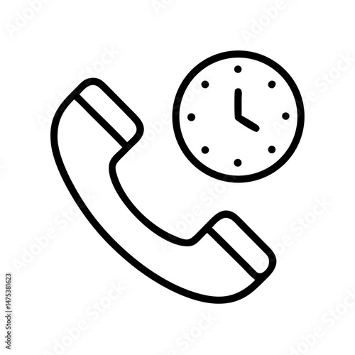 Outline graphic showing a telephone handset icon next to a simple round clock face design element