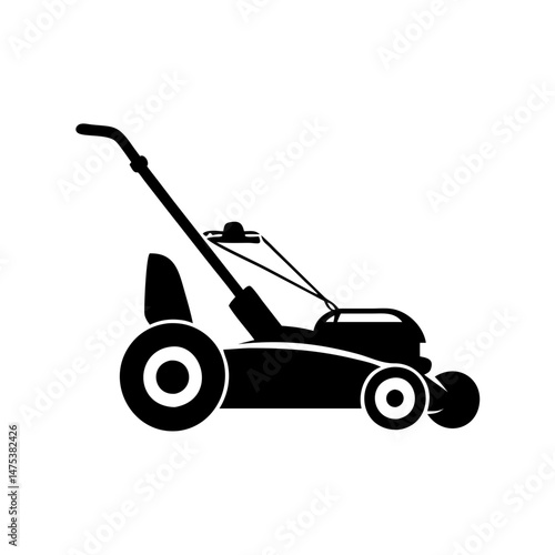 Black and white illustration of a lawn mower ready for yard work