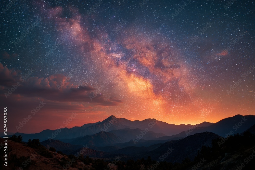 Stargazing above layered mountain range reveals vastness of universe, vibrant night sky, and the Milky Way galaxy Stargazing above layered mountain range reveals vastness of universe, vibrant night sky, and the Milky Way galaxy