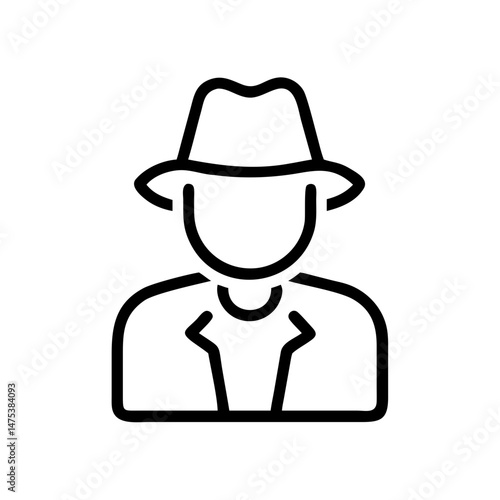 Outline drawing of a person wearing a hat and jacket with a shirt underneath is displayed here
