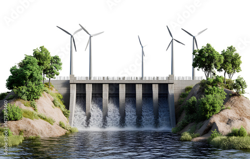 3D realistic water dam with wind turbines and trees on a transparent background