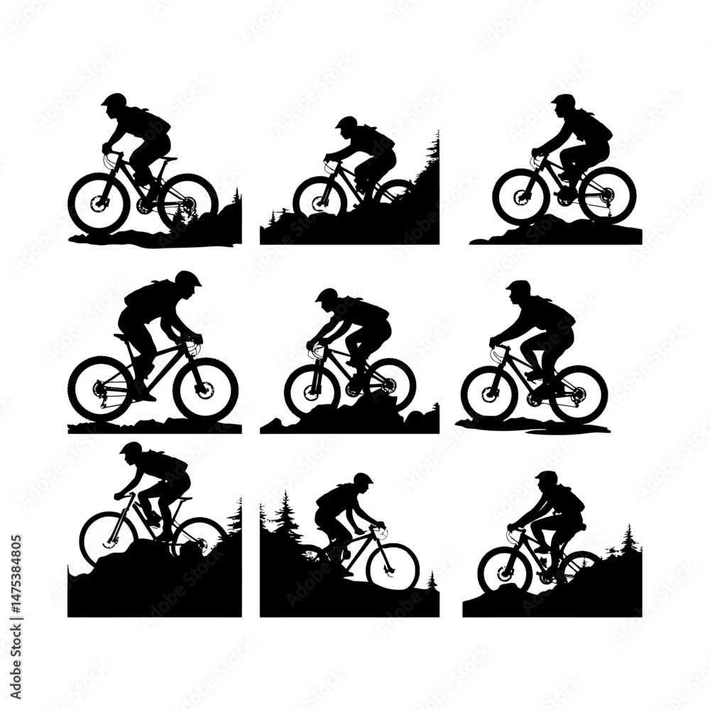 Fototapeta premium Mountain Biker in Action Silhouette Set