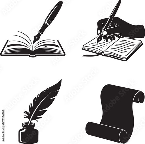 Book and quill pen silhouette set vector illustration isolated On Transparent Background