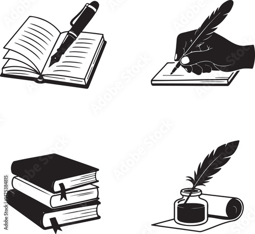 Book and quill pen silhouette set vector illustration isolated On Transparent Background