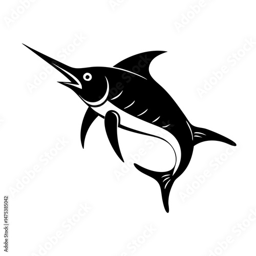 Black and white swordfish vector illustration with prominent dorsal fin