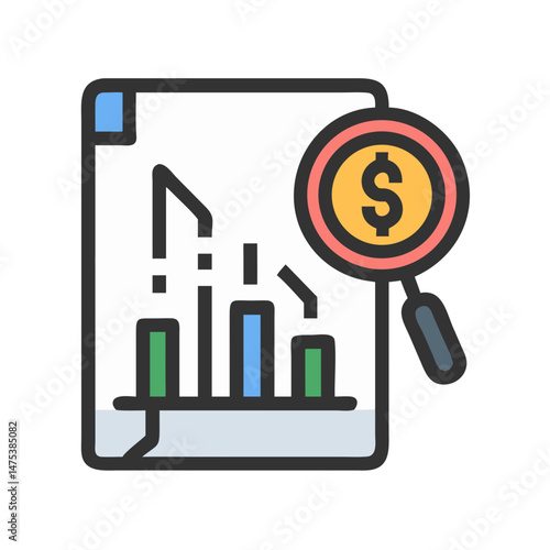 Financial analysis document with magnifying glass over dollar sign