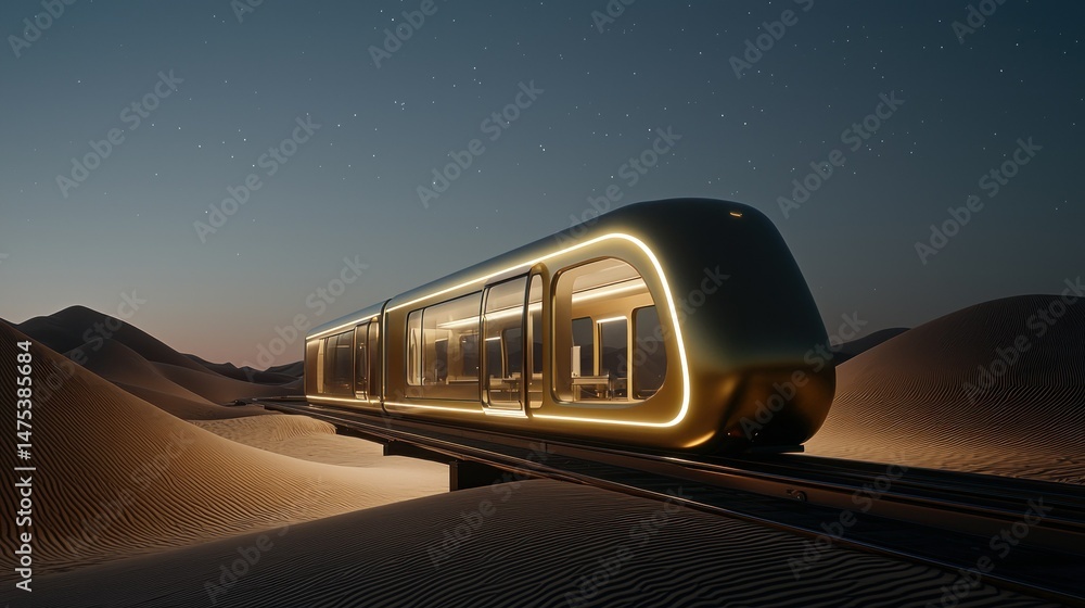 Naklejka premium A futuristic illuminated train travels through a desert landscape at night