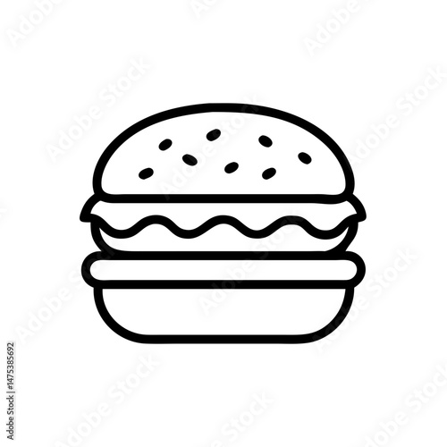 Simple line drawing of a burger with sesame seeds on the bun, isolated on white background
