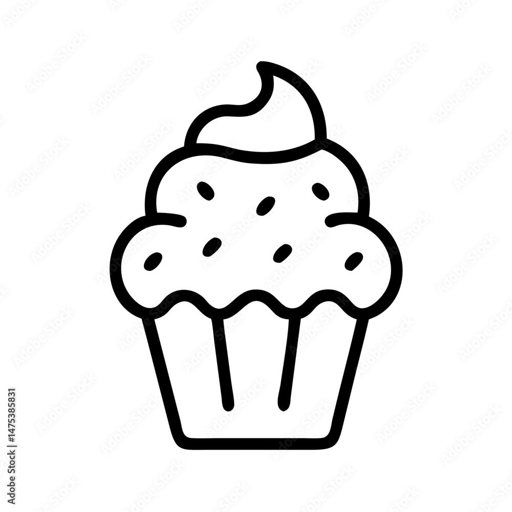 Outline drawing of a cupcake with frosting and sprinkles on top in a simple and clean style design Outline drawing of a cupcake with frosting and sprinkles on top in a simple and clean style design