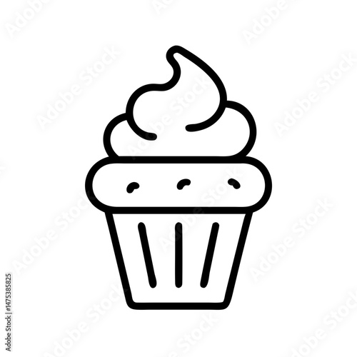 A simple depiction of a cupcake with frosting on top and a lined base is presented nicely