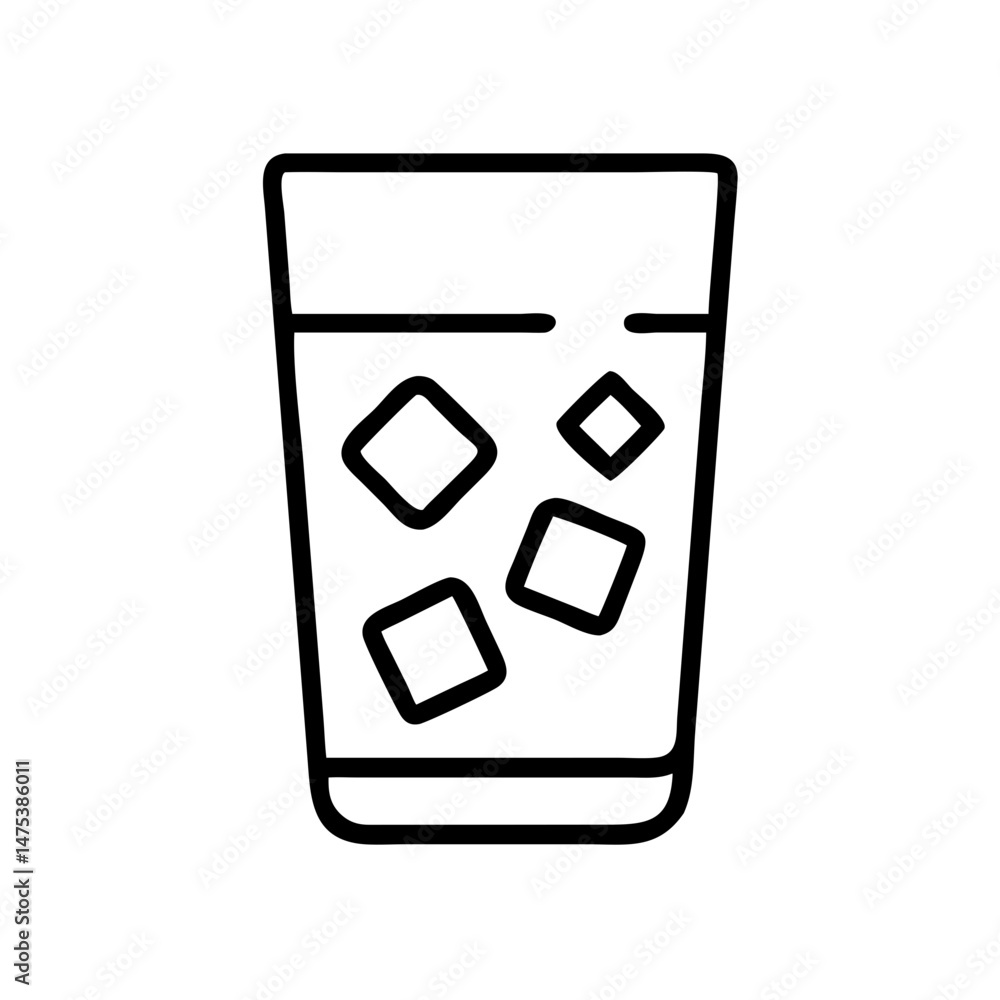 Outline drawing of a glass filled with liquid and ice cubes, simple black and white design style icon Outline drawing of a glass filled with liquid and ice cubes, simple black and white design style icon