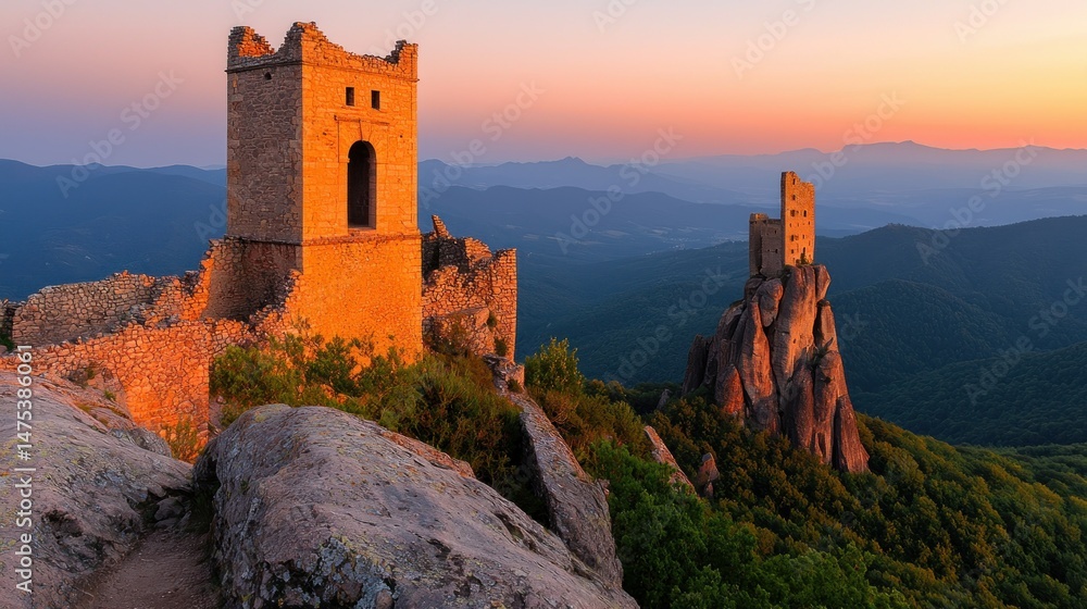 Ancient stone castle ruins overlooking a mountain range at dusk Ancient stone castle ruins overlooking a mountain range at dusk