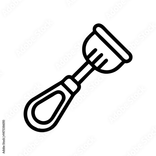 Isolated outline graphic showing an eyelash curler with a handle and curved metal clamp design tool is seen