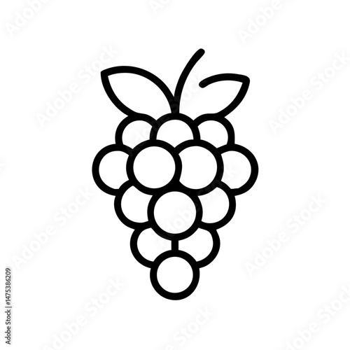 Outline drawing of a bunch of grapes with leaves at the top in black and white color scheme design