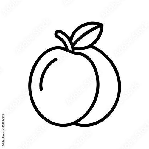 Outline drawing of a peach with a leaf attached to the stem shown in a simple graphic style art
