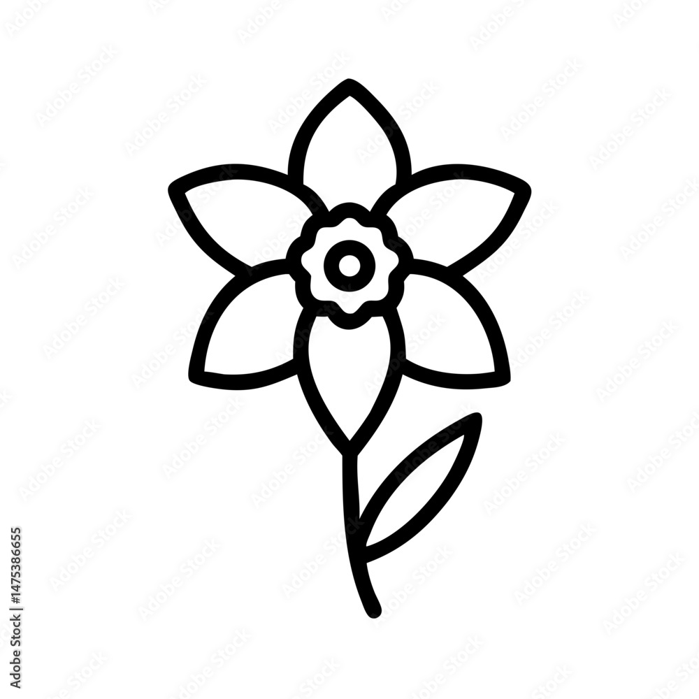 Obraz premium Simple outline drawing of a daffodil with six petals and a single leaf on a white background image