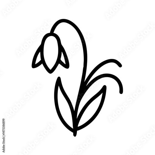 Simple line drawing of a snowdrop flower with leaves and a curved stem on a white background artful look