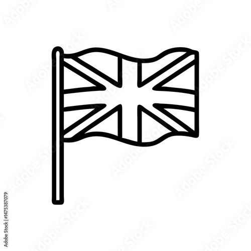 Outline drawing of a british flag waving gently on a pole with a simple and clean appearance overall