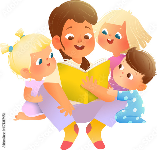 Mother Reading Book to his Children Family Cartoon. Parent reading storybook to three children girls and boy. Cute siblings and mother family time together. Vector kids educational cartoon clip art.