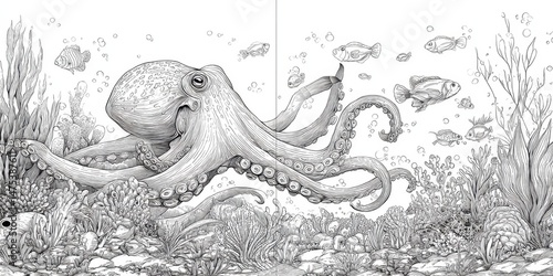 Detailed black and white illustration of an octopus in an underwater scene.