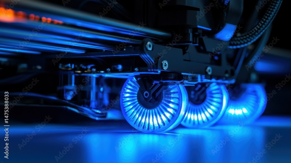 Fototapeta premium Illuminated blue wheels are part of a complex technical system