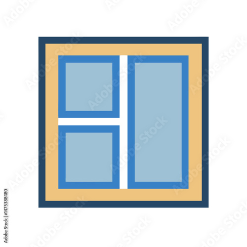 Stylized window illustration with blue panes and tan frame