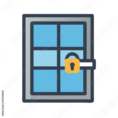 Blue window with grid pattern and gold padlock security