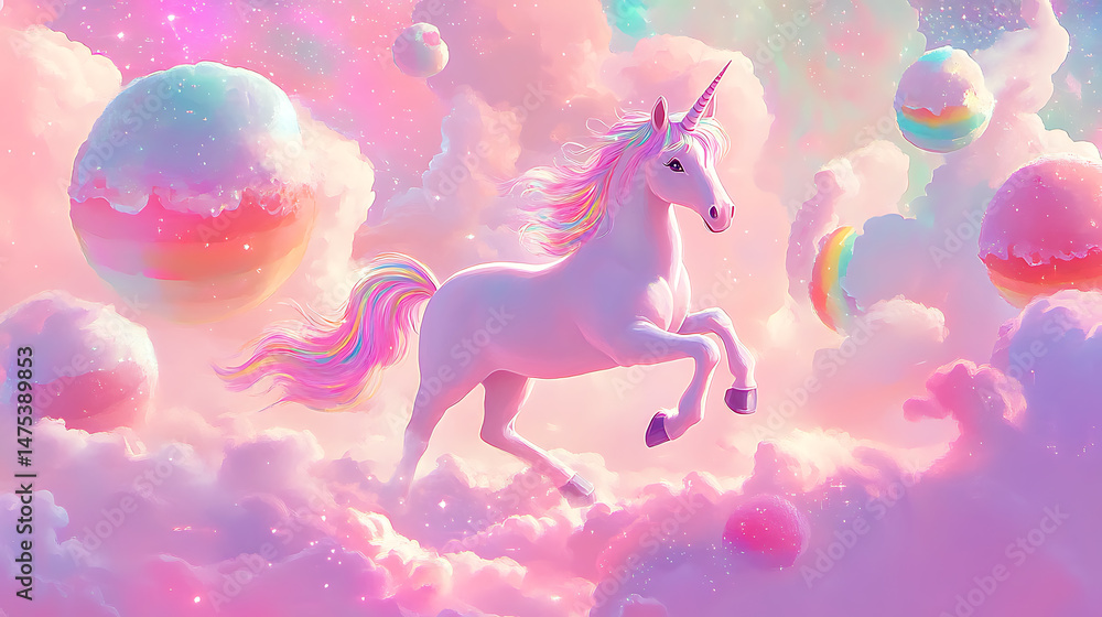 Fototapeta premium A majestic unicorn gallops through a dreamscape of cotton candy clouds and floating orb-like planets.