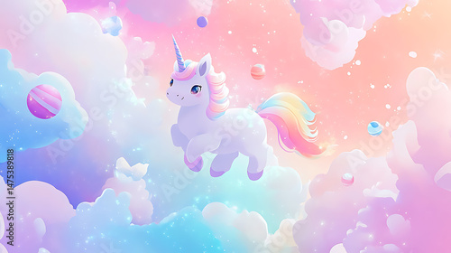 A cartoon unicorn floats amongst clouds with colorful planets and a rainbow tail in a pastel sky.