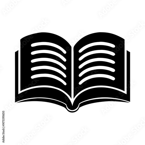Silhouette of an open book with curved pages and bookbinding detail